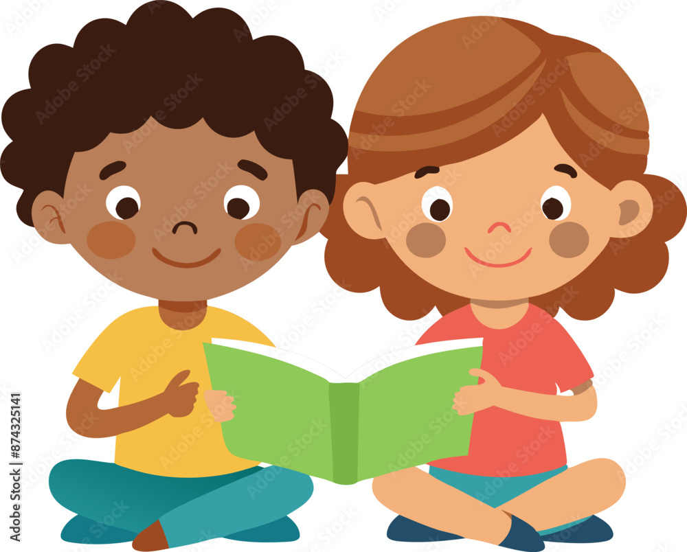 Happy diverse children reading a book together, promoting literacy and friendship Happy diverse children reading a book together, promoting literacy and friendship