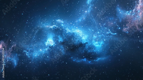 A vast, blue nebula with glowing clouds and scattered stars
