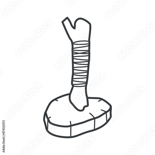 A vector linear icon of a scratching post shaped like a tree. The post is simple, black and white, and designed in a minimalist line art style