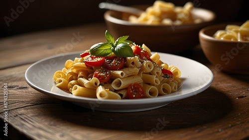 Italain Rigatoni Pasta, Pasta penne on wooden table, tasty Italian cuisine photo