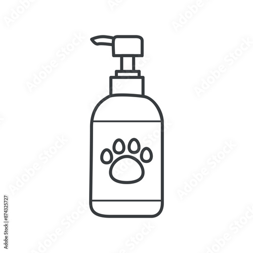 A vector linear icon of cat shampoo. The shampoo bottle is simple, black and white, and designed in a minimalist line art style.