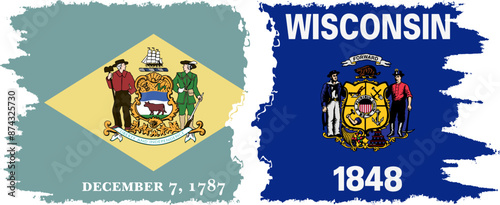 Wisconsin and Delaware states grunge brush flags connection vector