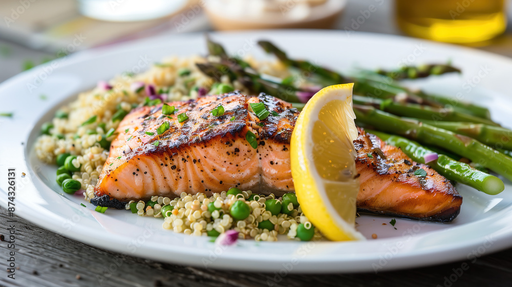 a sustainable seafood dish, featuring grilled wild-caught salmon, served with a side of quinoa and steamed asparagus, on a white plate with a lemon wedge a sustainable seafood dish, featuring grilled wild-caught salmon, served with a side of quinoa and steamed asparagus, on a white plate with a lemon wedge