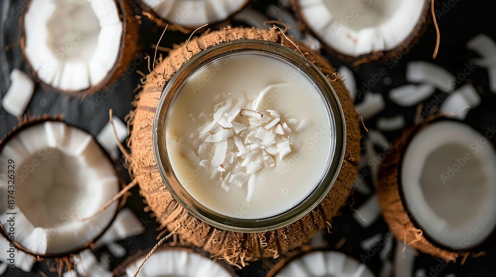 Fresh Coconut Milk and Coconuts in a Tropical Setting Fresh Coconut Milk and Coconuts in a Tropical Setting