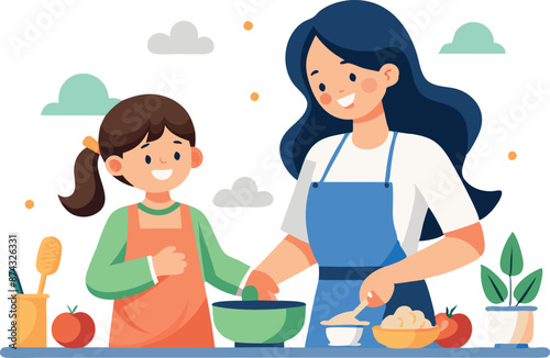 A woman is cooking with a child