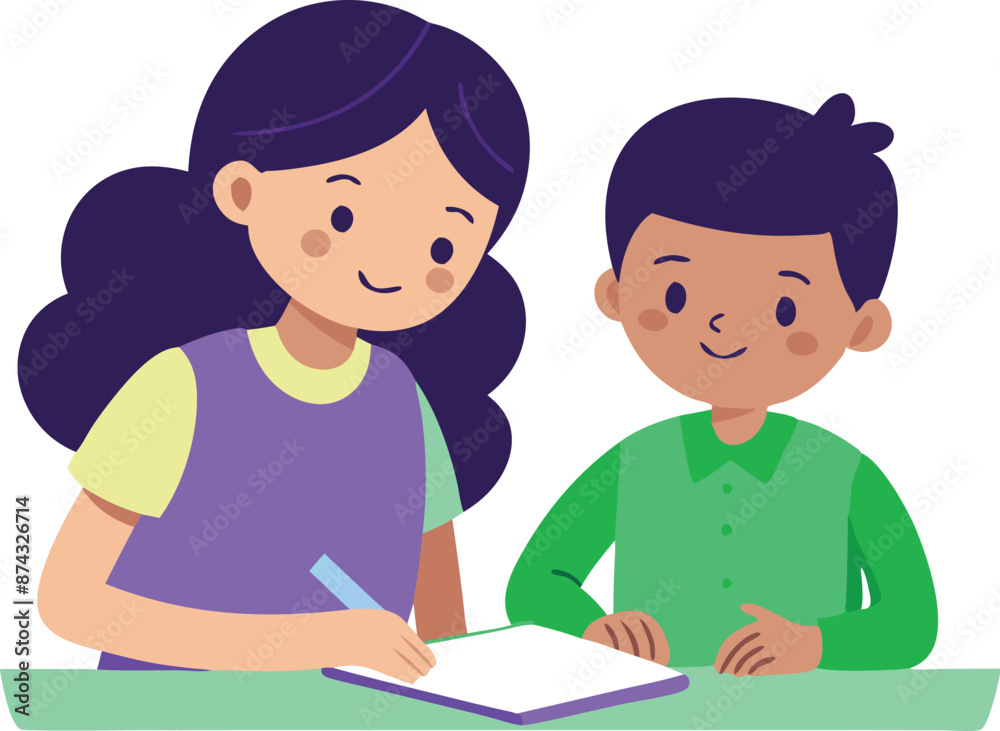 A woman is helping a young boy write
