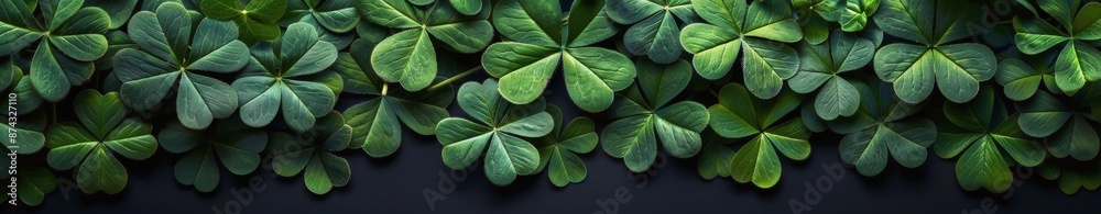 Close Up Green Four Leaf Clovers On Black Background Close Up Green Four Leaf Clovers On Black Background