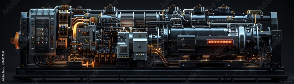 Highly detailed industrial generator equipment showcased on a sleek black background, denoting power and energy production Highly detailed industrial generator equipment showcased on a sleek black background, denoting power and energy production