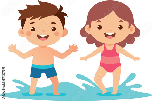 Cartoon illustration of happy children swimming in a pool wearing swimwear