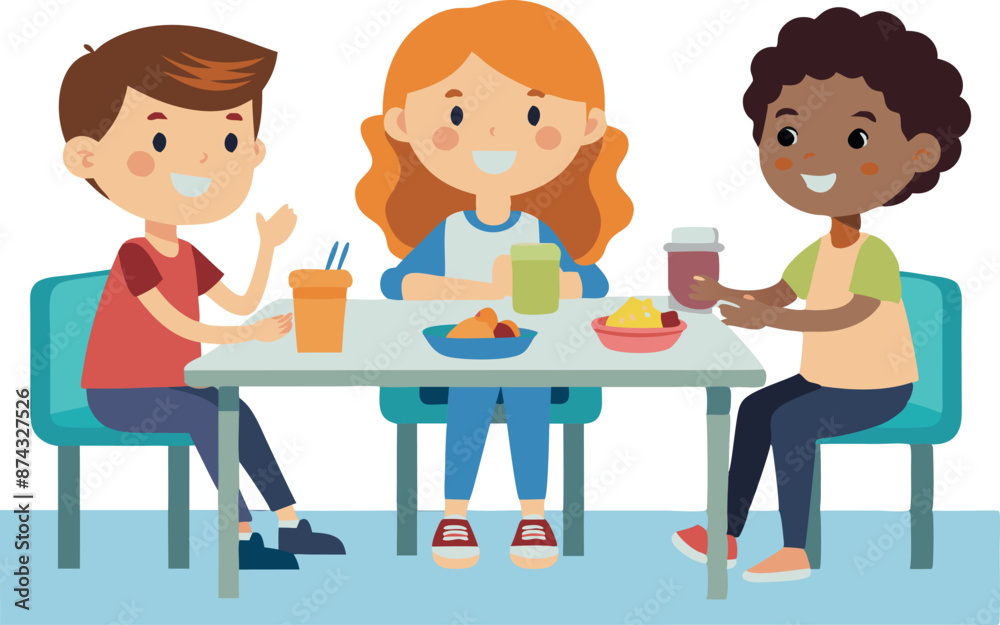 Three children are sitting at a table with food and drinks Three children are sitting at a table with food and drinks
