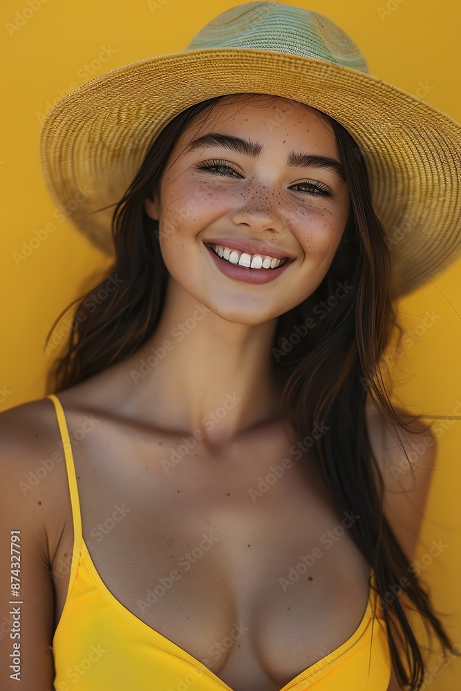 Woman in a yellow bikini and hat, smiling, yellow background, natural light, midshot Woman in a yellow bikini and hat, smiling, yellow background, natural light, midshot