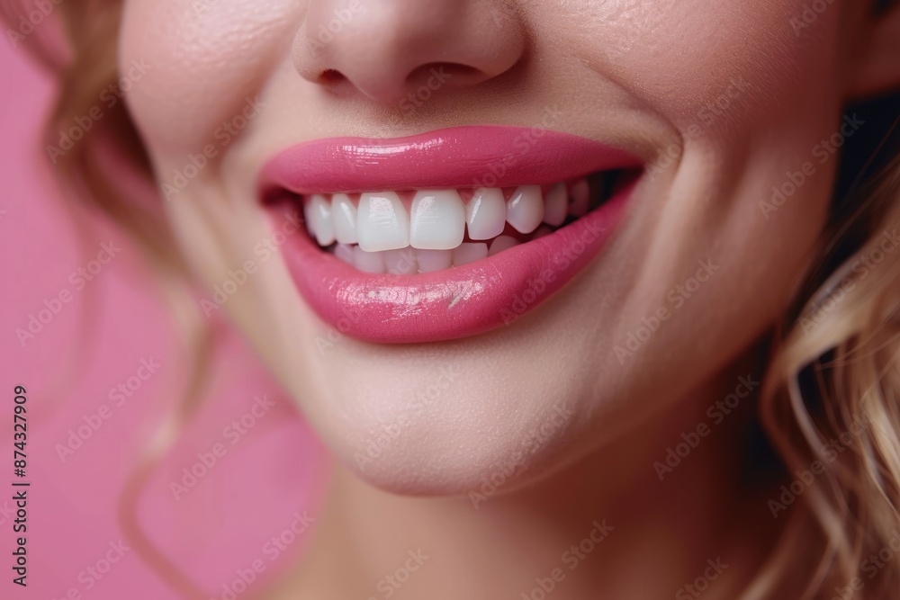 A woman with pink lipstick smiles, showing off her bright white teeth A woman with pink lipstick smiles, showing off her bright white teeth