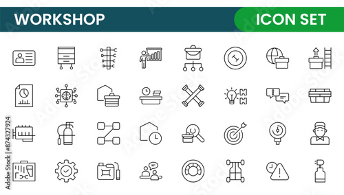 Set of Workshop and Coaching line icons. Outline icon collection related to training, coaching, mentoring, education, meetings, conferences, and teamwork.