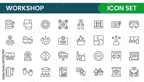 Set of Workshop and Coaching line icons. Outline icon collection related to training, coaching, mentoring, education, meetings, conferences, and teamwork.
