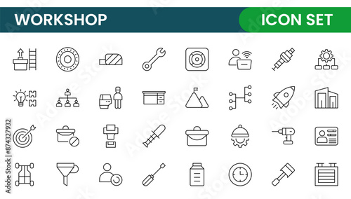 Set of Workshop and Coaching line icons. Outline icon collection related to training, coaching, mentoring, education, meetings, conferences, and teamwork.