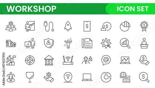 Set of Workshop and Coaching line icons. Outline icon collection related to training, coaching, mentoring, education, meetings, conferences, and teamwork.