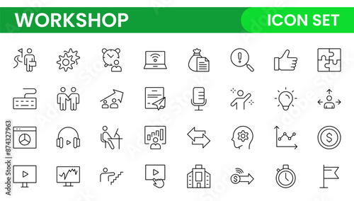 Set of Workshop and Coaching line icons. Outline icon collection related to training, coaching, mentoring, education, meetings, conferences, and teamwork.