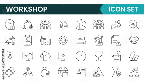 Set of Workshop and Coaching line icons. Outline icon collection related to training, coaching, mentoring, education, meetings, conferences, and teamwork.