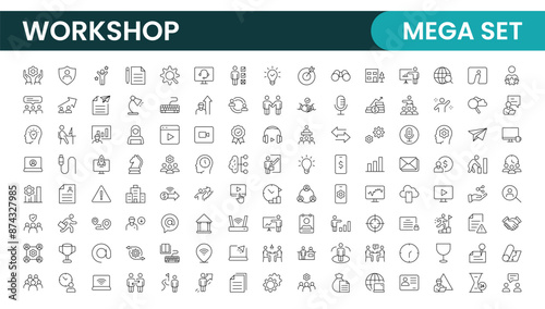 Set of Workshop and Coaching line icons. Outline icon collection related to training, coaching, mentoring, education, meetings, conferences, and teamwork.