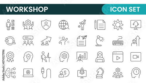 Set of Workshop and Coaching line icons. Outline icon collection related to training, coaching, mentoring, education, meetings, conferences, and teamwork.