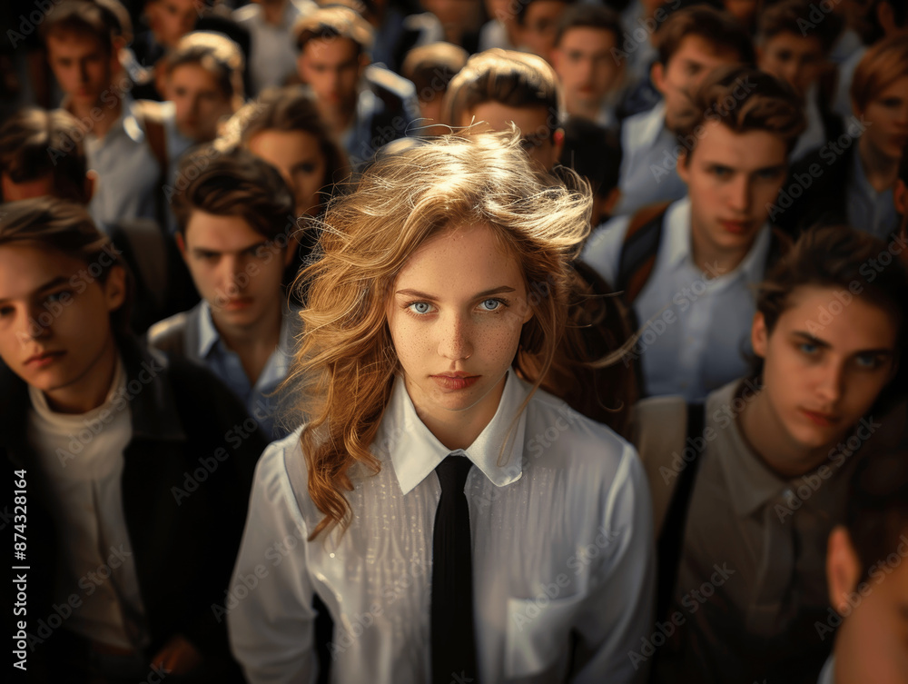 Blonde woman standing out in crowd of men on busy street in high contrast hyper realistic cinematic style Blonde woman standing out in crowd of men on busy street in high contrast hyper realistic cinematic style