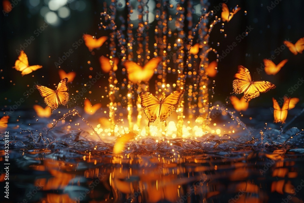 Magical Bioluminescent Butterflies in a Mystical Forest Setting Surrounded by Glowing Water Droplets and Enchanting Natural Light Effectsbutterflies Magical Bioluminescent Butterflies in a Mystical Forest Setting Surrounded by Glowing Water Droplets and Enchanting Natural Light Effectsbutterflies