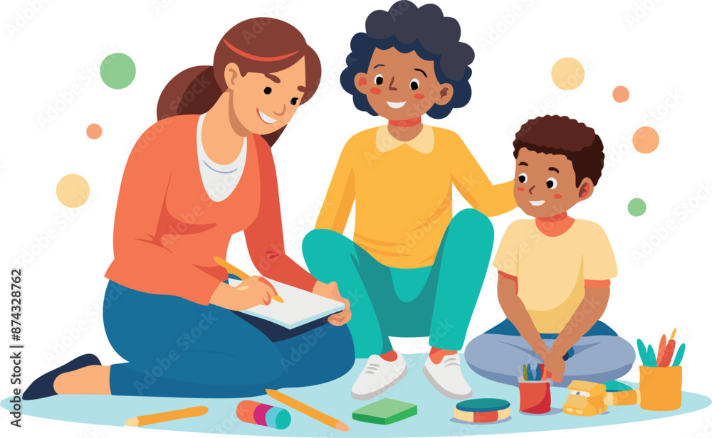 A woman is sitting on the floor with a child and another child A woman is sitting on the floor with a child and another child