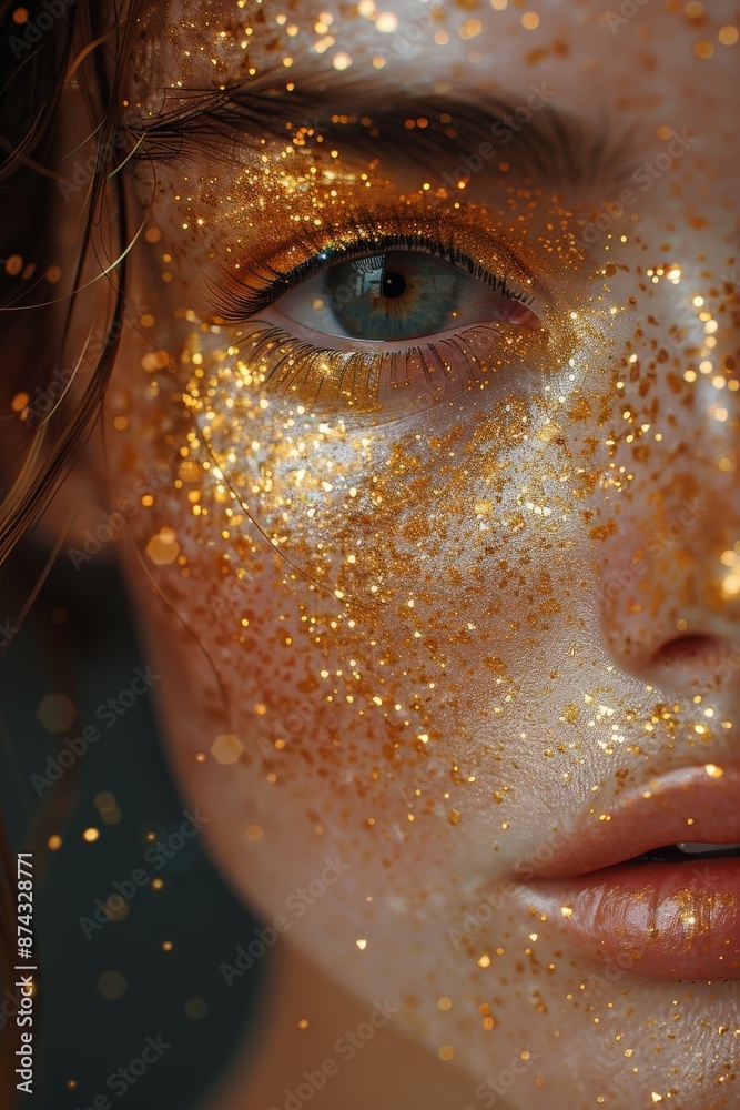 Fototapeta premium Close-Up of a Young Woman's Face with Blue Eyes, Covered in Sparkling Gold Glitter, Artistic Beauty in Focus, Gleaming Makeupglitter