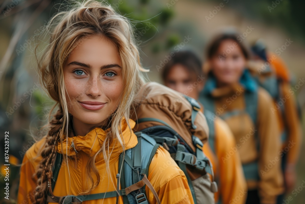Blonde Woman Hiking With Friends in a Forest Blonde Woman Hiking With Friends in a Forest