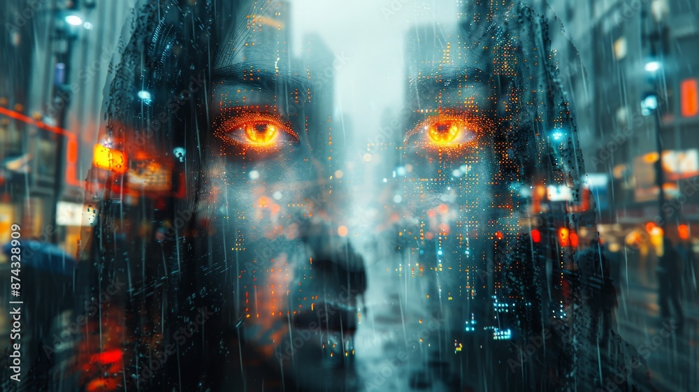 Obraz premium Futuristic surreal digital art with neon-lit cityscape overlaid with a mysterious female face with glowing orange eyes in a rainy urban streetCyberpunk