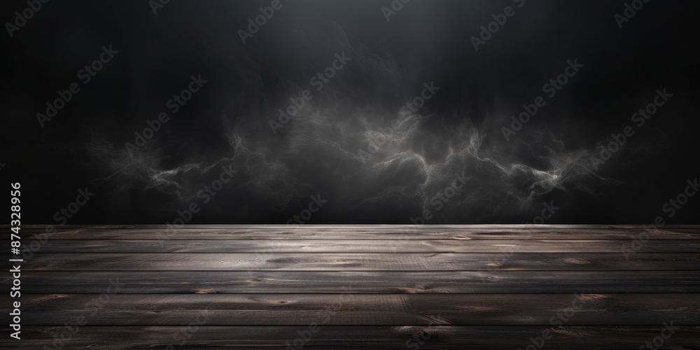 Dark wooden table with a glowing white smoke cloud background Dark wooden table with a glowing white smoke cloud background