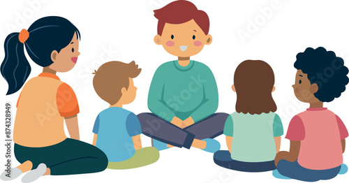 A group of children sit in a circle with a man in the middle
