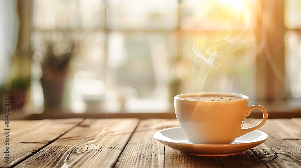 Cozy Morning Vibes: Steaming Cup of Coffee on Wooden Table with Blurred Background Cozy Morning Vibes: Steaming Cup of Coffee on Wooden Table with Blurred Background