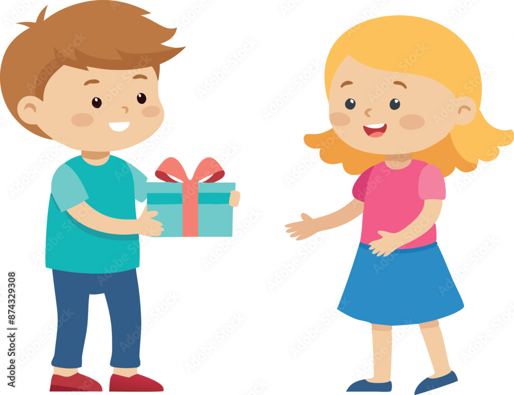 Illustration of a happy boy giving a present to a cheerful girl with a friendly smile Illustration of a happy boy giving a present to a cheerful girl with a friendly smile