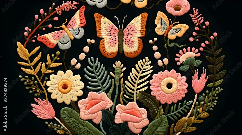 Obraz premium Enchanting Floral Motif with Vibrant Butterflies and Flourishing Foliage