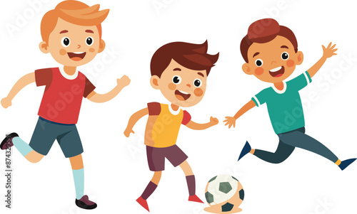Three boys playing soccer