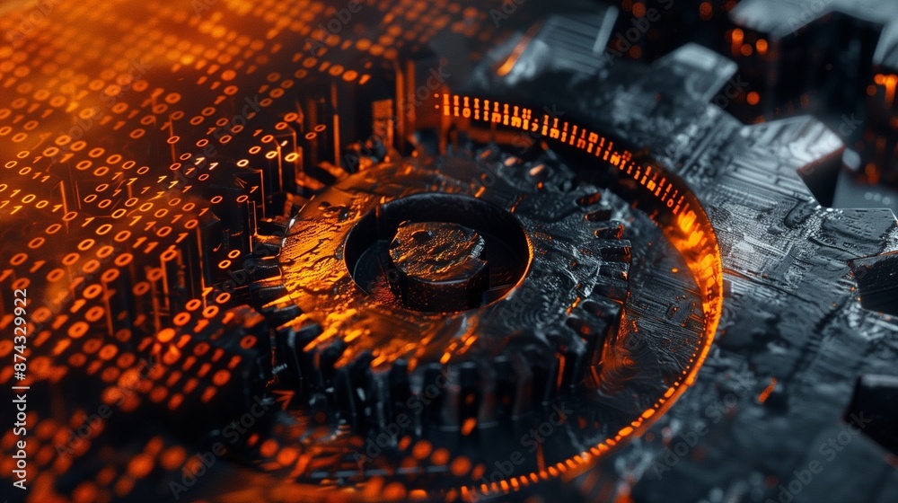 Rust programming language concept with moody rusty orange steel gears and byte code overlay, symbolizing the robust and efficient nature of Rust for system-level programming. Rust programming language concept with moody rusty orange steel gears and byte code overlay, symbolizing the robust and efficient nature of Rust for system-level programming.