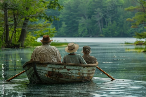 Three elderly individuals wearing wide-brimmed hats rowing a weathered wooden boat on a peaceful forest lake surrounded by lush greenery on a serene summer dayBoat photo