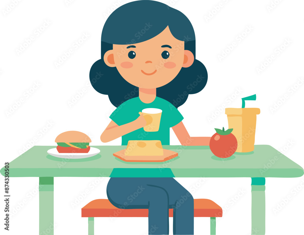 A girl is sitting at a table with a sandwich, a drink, and a tomato A girl is sitting at a table with a sandwich, a drink, and a tomato