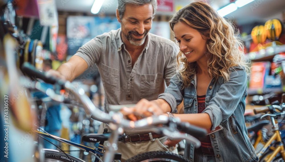 A man and a woman are smiling while examining an electric blue bicycle in a retail store A man and a woman are smiling while examining an electric blue bicycle in a retail store