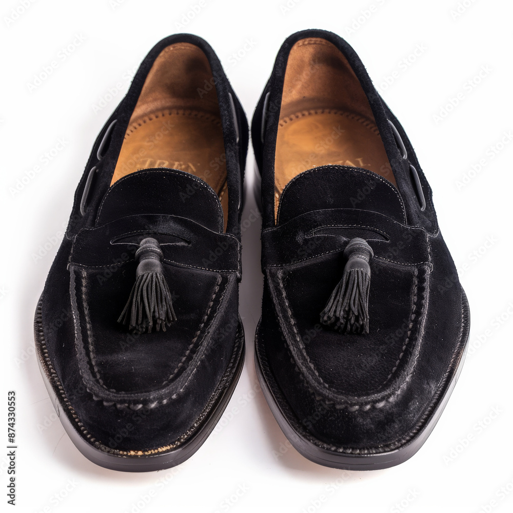 Black suede loafers with tassel details, isolated on white background. Black suede loafers with tassel details, isolated on white background.
