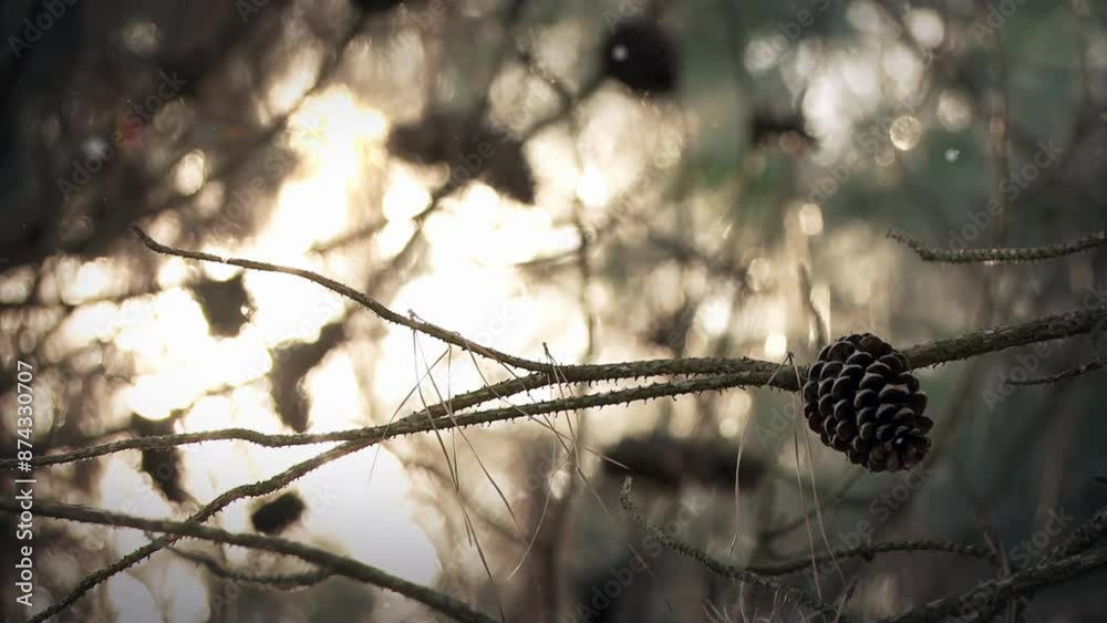 A Pinecone Suspended from a Pine Branch, Backlit by the Sun in the Forest. Close-Up Shot. 4K Resolution. A Pinecone Suspended from a Pine Branch, Backlit by the Sun in the Forest. Close-Up Shot. 4K Resolution.