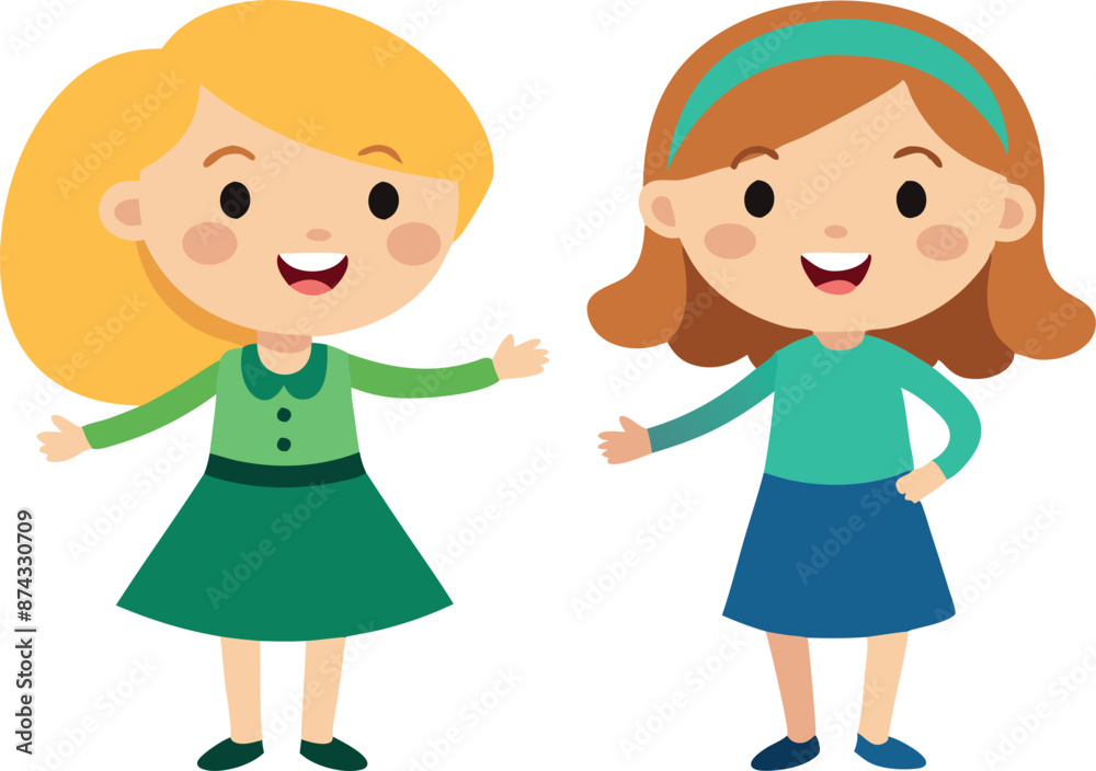 Two girls stand smiling at each other. Two girls stand smiling at each other.