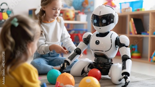Wallpaper Mural Robot Nanny Engaging Children with Educational Toys and Activities in Bright Playroom Torontodigital.ca
