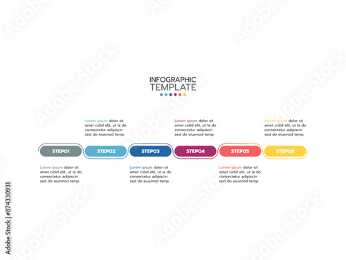 Timeline infographic with 6 spets for business process. Website template on white background for concept modern design. Horizontal layout.