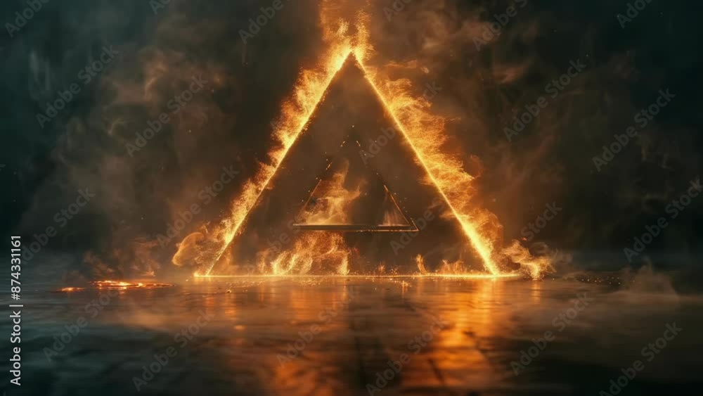 A triangular shape is engulfed in flames, emitting a bright glow against a dark, smoky background. The reflection of the fiery triangle is visible on a wet surface. Captured at night, the scene