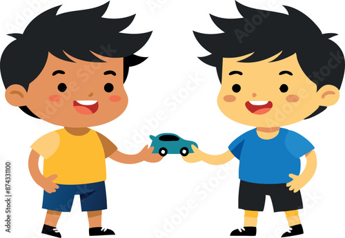 Two happy cartoon boys playing with a toy car and enjoying their time together