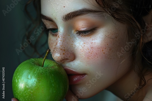 Close-Up Portrait of a Young Woman with Freckles Gently Holding and Gazing at a Green Apple in Natural LightFreckles