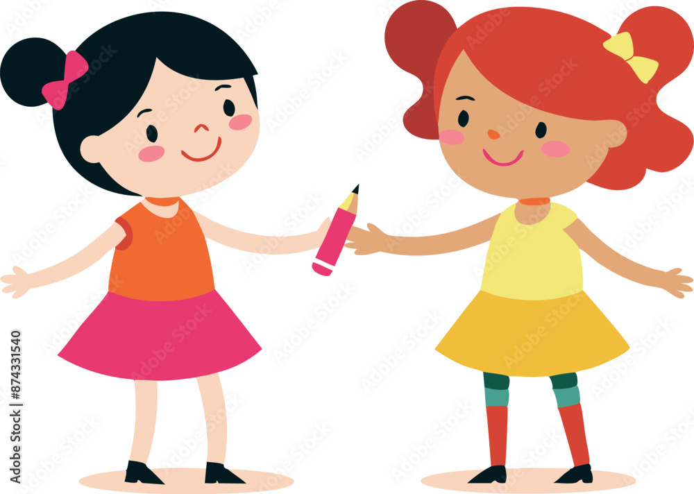 Two girls are holding a pencil and smiling at each other Two girls are holding a pencil and smiling at each other