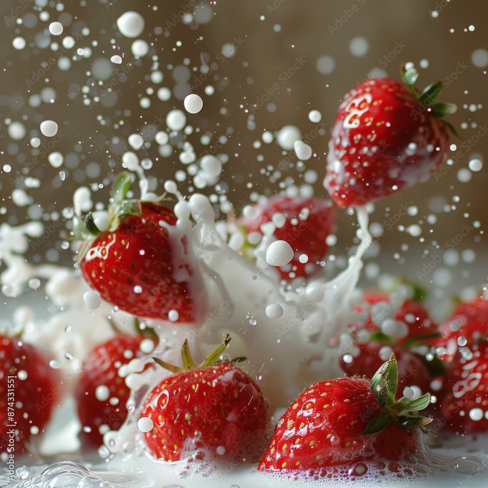 Dynamic close-up shot of fresh strawberries splashing into milk, capturing motion, fresh fruit, dairy liquid, and vibrant colors against a soft-focus backgroundStrawberries Dynamic close-up shot of fresh strawberries splashing into milk, capturing motion, fresh fruit, dairy liquid, and vibrant colors against a soft-focus backgroundStrawberries